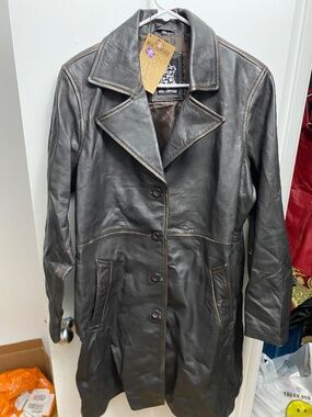 Vintage Style Real Leather Distressed Trench Coat -  2XL -